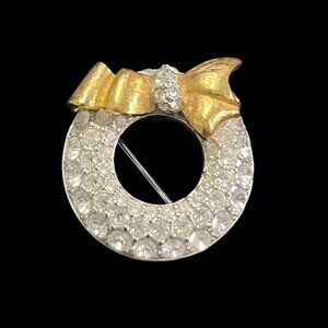 Swarovski Wreath Brooch Rhinestone Gold Tone Bow Swan Signed